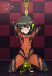 Rule 34 | 1girl, arms up, blush, bodysuit, breasts, covered navel, fujikawa daichi, gluteal fold, green hair, impossible bodysuit, impossible clothes, kendama, looking at viewer, orange bodysuit, prelati (symphogear), purple eyes, senki zesshou symphogear, shiny clothes, shiny skin, short hair, skin tight, small breasts, smile, solo, spread legs, squatting