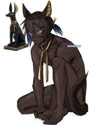Rule 34 | 1boy, animal ears, anubis (mythology), arched back, artist name, bare arms, bare legs, bare pectorals, bare shoulders, barefoot, black hair, blue eyes, closed mouth, collarbone, commentary, completely nude, dark-skinned male, dark skin, dog boy, dog ears, dog tail, expressionless, eyebrows, feet, full body, hair between eyes, kadeart, knee up, leaning forward, looking afar, male focus, nude, original, pectorals, ribbon, short hair, simple background, sitting, slit pupils, solo, statue, tail, very dark skin, white background, yellow ribbon
