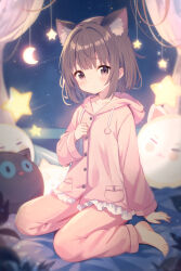 Rule 34 | 1girl, absurdres, ai-assisted, animal ears, arm support, blush, brown eyes, brown hair, closed mouth, curtains, highres, kinoshita ringo (ryve5758), looking at viewer, night, night sky, original, pajamas, short hair, sitting, sky, solo, star (symbol), stuffed toy, wariza, window
