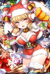 Rule 34 | 1girl, animal ears, bell, belt, black gloves, black thighhighs, blonde hair, blurry, bow, box, breasts, capelet, carrying over shoulder, cat ears, cat tail, christmas, cleavage, cowboy shot, depth of field, dress, earmuffs, elbow gloves, eyelashes, fang, frilled thighhighs, frills, fur-trimmed dress, fur trim, gift, gift box, gloves, hair ornament, hat, hat bow, hat with ears, heart, highres, holding, light particles, lipstick, looking at viewer, makeup, microdress, open mouth, original, pink bow, polka dot, purple eyes, red dress, red hat, ribbon, sack, santa costume, shichimi, shiny clothes, shiny skin, short hair, snowflakes, snowing, solo, star (symbol), star print, striped, tail, tail ornament, thighhighs, tongue, tree, twintails, wrist cuffs, wrist ribbon, zettai ryouiki
