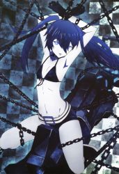 Rule 34 | 10s, 1girl, absurdres, arms behind head, belt, bikini, bikini top only, black bikini, black hair, black rock shooter, black rock shooter (character), boots, chain, collar, colored skin, flat chest, front-tie top, gloves, highres, huge weapon, long hair, navel, non-web source, nyantype, official art, scan, short shorts, shorts, solo, straddling, swimsuit, thighs, twintails, weapon, white skin
