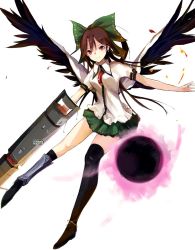 Rule 34 | 1girl, arm cannon, armor, asymmetrical legwear, bird wings, black thighhighs, black wings, blouse, boots, bow, cape, collared shirt, energy ball, full body, greaves, green skirt, hair bow, highres, holding, holding weapon, long hair, looking at viewer, miniskirt, red eyes, reiuji utsuho, shirt, short sleeves, simple background, single thighhigh, skirt, smile, solo, standing, tetsurou (fe+), thighhighs, third eye, touhou, uneven legwear, weapon, white background, white shirt, wings