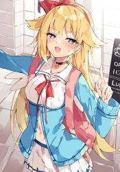 Rule 34 | 1girl, :d, backpack, bag, blonde hair, blue eyes, blue jacket, blush, bow, breasts, commentary request, hair bow, hair flaps, hairband, half-closed eyes, hand up, highres, index finger raised, jacket, looking at viewer, menu board, navel, open mouth, original, outstretched arm, pleated skirt, red bow, red hairband, shirt, skirt, small breasts, smile, solo, sweat, unacchi (nyusankin), white shirt, white skirt