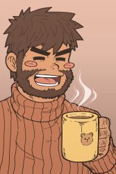 Rule 34 | 1boy, ^ ^, animal print, arm hair, bara, bear print, beard, blush, brown hair, closed eyes, cup, dobito mn, facial hair, flat color, highres, holding, holding cup, knuckle hair, male focus, orange sweater, original, short hair, smile, solo, sweater, thick eyebrows, upper body