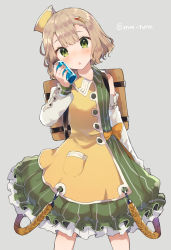 Rule 34 | backpack, bad id, bad tumblr id, bag, bare shoulders, blonde hair, blunt bangs, blush, collared dress, commentary request, copyright request, cowboy shot, detached sleeves, dress, green dress, green eyes, grey background, hand up, hat, head tilt, holding, ikeuchi tanuma, legs apart, long sleeves, looking at viewer, multicolored clothes, multicolored dress, parted lips, short hair, simple background, solo, standing, twitter username, yellow dress