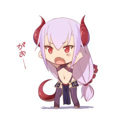 Rule 34 | 1girl, arms up, black thighhighs, chibi, commentary request, criss-cross halter, dragon girl, dragon horns, dragon tail, facial mark, fang, flat chest, full body, hair between eyes, halterneck, highleg, highleg panties, highres, horns, ibuki notsu, light purple hair, long hair, looking at viewer, low-tied long hair, melusine (ibuki notsu), navel, no shoes, open mouth, original, panties, pelvic curtain, red eyes, shadow, sidelocks, simple background, skin fang, solo, standing, stomach, tail, thighhighs, toeless legwear, translated, underwear, very long hair, white background