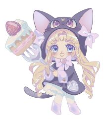 Rule 34 | 1girl, animal hood, bishoujo senshi sailor moon, black coat, blonde hair, blue eyes, blush, bow, bowtie, cake, cat hood, chibi, coat, colette (lettiebobettie), crescent, crescent facial mark, facial mark, fake tail, food, forehead mark, fork, fruit, full body, heart, heart-shaped pupils, highres, holding, holding fork, hood, hooded coat, long hair, long sleeves, looking at viewer, luna (sailor moon), open mouth, parted bangs, pink bow, pink bowtie, pink footwear, sidelocks, smile, solo, strawberry, strawberry shortcake, symbol-shaped pupils, tail, tsukino usagi, twintails, white background