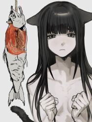Rule 34 | 1girl, animal ears, black hair, blunt bangs, breasts, cat day, cat ears, cat girl, cat tail, collarbone, commentary, completely nude, covering privates, covering breasts, dead animal, ears down, fish, frown, furrowed brow, grey eyes, hands up, hanging food, highres, long hair, nude, original, raised eyebrows, sidelocks, simple background, skinny, small breasts, solo, straight-on, tail, upper body, white background, youyuu (melt yo103)