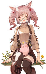 Rule 34 | 1girl, ;d, animal, animal ears, animal on lap, warrior of light (ff14), black thighhighs, boots, brown footwear, brown shirt, brown shorts, cat ears, collared shirt, commission, earrings, facial mark, fang, feet out of frame, final fantasy, final fantasy xiv, flower, glasses, grass, heart, heart earrings, highres, jewelry, kemomin nosuke, knee boots, long sleeves, medium hair, miqo&#039;te, nail polish, on lap, one eye closed, open mouth, pig, pink hair, pink nails, red eyes, round eyewear, shirt, shorts, simple background, sitting, skeb commission, skin fang, smile, solo, suspender shorts, suspenders, thighhighs, twintails, white background, wristband