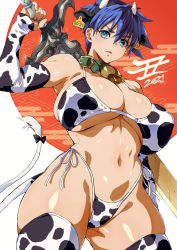 Rule 34 | animal ears, animal print, bell, bikini, blue eyes, blue hair, breasts, cow print, cowbell, detached sleeves, fake animal ears, fake horns, fire emblem, fire emblem: path of radiance, genderswap, genderswap (mtf), highres, holding, holding sword, holding weapon, horns, ike (fire emblem), large breasts, looking at viewer, nintendo, short hair, simple background, solo, standing, swimsuit, sword, tail, thighhighs, weapon, yajiro masaru