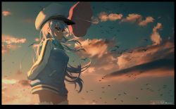 Rule 34 | 1girl, absurdres, artist name, bird, blue jacket, blue sky, brown eyes, closed mouth, cloud, copyright name, flock, hat, highres, hood, huge filesize, island (game), jacket, long hair, long sleeves, looking to the side, ohara rinne, red umbrella, shippitsu, sky, solo, standing, twilight, umbrella, very long hair, watermark, white hat, white legwear
