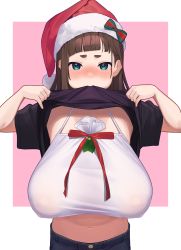 Rule 34 | 1girl, blue eyes, blunt bangs, blush, breasts, brown hair, clothes in mouth, covered erect nipples, hair behind ear, hat, highres, huge breasts, lifted by self, long hair, looking at viewer, mole, mole under eye, mouth hold, navel, nose blush, original, sagging breasts, santa hat, see-through, shirt in mouth, short bangs, simple background, solo, upper body, wotori