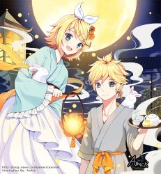 Rule 34 | 1boy, 1girl, amick (americanomix), blonde hair, bow, brother and sister, collarbone, cup, dress, flower, full moon, green eyes, grey kimono, hair between eyes, hair bow, hair flower, hair ornament, hairclip, holding, japanese clothes, kagamine len, kagamine rin, kimono, long dress, mid-autumn festival, moon, orange flower, parted bangs, rabbit, short hair, siblings, smile, twins, vocaloid, watermark, white bow, yunomi