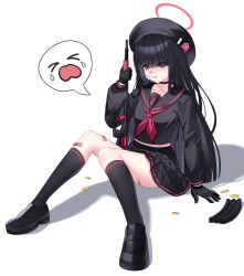Rule 34 | 1girl, absurdres, bandaid, beret, black hair, blue archive, blush, breasts, collarbone, emoji, gloves, gun, halo, hat, highres, hime cut, justice task force member (blue archive), looking at viewer, magazine (weapon), my0li, red eyes, rifle, school uniform, shoes, simple background, sitting, small breasts, tears, thighs, weapon, white background