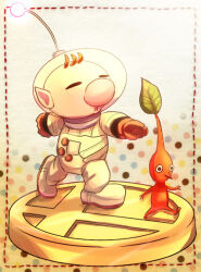 Rule 34 | 1boy, big nose, black eyes, brown hair, buttons, clenched hand, closed eyes, colored skin, commentary, figure, full body, gloves, height difference, helmet, leaf, male focus, mii co, nintendo, no mouth, olimar, open mouth, pikmin (creature), pikmin (series), pink light, pointing, pointing forward, pointy ears, pointy nose, polka dot, polka dot background, radio antenna, red gloves, red pikmin, red skin, ribbon trim, short hair, space helmet, spacesuit, super smash bros., super smash bros. logo, very short hair, walking, white background