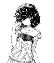 Rule 34 | 1girl, bare shoulders, black hair, closed mouth, commentary request, curly hair, greyscale, hand up, head tilt, holding clothes, holding skirt, horns, jaco, long skirt, looking at viewer, monochrome, toeless footwear, original, overalls, pointy ears, shoes, short hair, skirt, slit pupils, solo, standing, upper body, white background