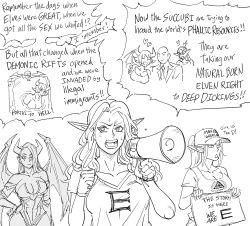 Rule 34 | !?, 3girls, ^^^, baseball cap, bb (baalbuddy), breasts, cleavage, closed mouth, commentary, contrapposto, demon girl, demon horns, demon wings, denim, elf, english commentary, english text, eye of providence, greyscale, hair over one eye, hand on own hip, hat, heart, highres, holding, holding sign, horns, illuminati, jeans, large breasts, leotard, make america great again, megaphone, monochrome, multiple girls, open mouth, original, pants, parody, pointy ears, qanon, shirt, sign, sweat, thigh gap, thighhighs, triangle mouth, wings, wristband