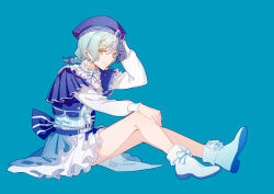 Rule 34 | 1girl, absurdres, adjusting clothes, adjusting headwear, back bow, bang dream!, bare legs, beret, blue background, blue bow, blue bowtie, blue dress, blue hat, bow, bowtie, braid, chinese commentary, collared dress, commentary request, dress, earrings, frilled dress, frills, green eyes, hair bow, hair ornament, hat, hat bow, highres, hikawa hina, idol, idol clothes, jewelry, knees up, long sleeves, looking at viewer, looking to the side, medium hair, puffy sleeves, sidelocks, simple background, sitting, smile, solo, striped bow, striped bowtie, striped clothes, two-tone dress, walluka, white bow, white bowtie, white dress, white footwear