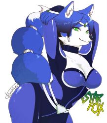 Rule 34 | 1girl, animal ears, arms behind head, arms up, artist request, belt, blue hair, bodysuit, breasts, choker, circlet, cleavage, copyright name, female focus, fox, fox ears, furry, furry female, green eyes, jewelry, krystal, large breasts, long sleeves, looking at viewer, nintendo, short hair, simple background, smile, solo, star fox, star fox assault, tail, white background, wide hips