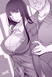 Rule 34 | 10s, 1boy, 1girl, arm around shoulder, arm grab, artist name, blunt bangs, breasts, closed mouth, commentary request, dress shirt, dutch angle, formal, girls und panzer, greyscale, grin, head out of frame, highres, jacket, large breasts, long hair, long sleeves, looking at viewer, mature female, monochrome, nishizumi shiho, pant suit, pants, shirt, signature, smile, standing, suit, sweat, zen9