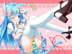 Rule 34 | 1girl, animal ears, blue hair, breasts, cat ears, cat tail, kanna hisashi, md5 mismatch, one eye closed, original, panties, purple eyes, solo, striped clothes, striped panties, tail, thighhighs, underwear, wink