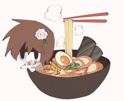 Rule 34 | 1other, androgynous, atoymk, black eyes, brown hair, chopsticks, collared shirt, crossed arms, eating, egg, food, food focus, grey background, grey shirt, highres, in bowl, in container, kamaboko, kurohebi, len&#039;en, narutomaki, noodles, other focus, ramen, shirt, short sleeves, simple background, solo, steam