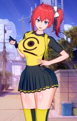 Rule 34 | 1girl, 3d, aiba ami, blue eyes, cloud, digimon, digimon story: cyber sleuth, female focus, goggles, goggles on head, long hair, red hair, sidetail, sky, solo