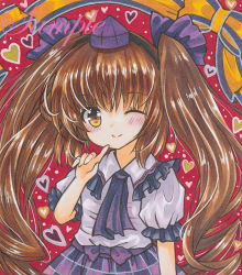 Rule 34 | 1girl, ascot, blush, brown hair, closed mouth, cowboy shot, finger to mouth, frilled shirt collar, frills, hat, heart, heart background, himekaidou hatate, long hair, looking at viewer, marker (medium), one eye closed, plaid, plaid skirt, puffy short sleeves, puffy sleeves, purple ascot, purple hat, purple skirt, red background, rui (sugar3), sample watermark, shirt, short sleeves, skirt, smile, solo, tokin hat, touhou, traditional media, twintails, watermark, white shirt, yellow eyes