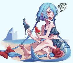 Rule 34 | 1girl, absurdres, barefoot, beach, blue hair, blush, feet, female focus, fish tail, food, hair ribbon, highres, long hair, looking to the side, melting, monster girl, open mouth, original, popsicle, red eyes, ribbon, sb lama, shark girl, shark tail, sharp teeth, sitting, soles, solo, squiggle, tail, teeth, toe scrunch, toes, twintails, very long hair