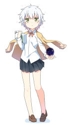 Rule 34 | 1girl, black skirt, book, brown footwear, cardigan, closed mouth, clothes on shoulders, collared shirt, commentary request, full body, green eyes, hatsunatsu, holding, holding book, jitome, loafers, long sleeves, looking at viewer, messy hair, neck ribbon, no socks, orange ribbon, orb, original, pleated skirt, portal (object), ribbon, school uniform, shirt, shoes, short hair, simple background, skirt, solo, space, sparkle, standing, star (sky), tiptoes, white background, white hair, white shirt