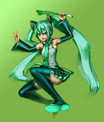 Rule 34 | 1girl, boots, bow (bhp), detached sleeves, green eyes, green hair, green nails, hatsune miku, headset, highres, legs, long hair, matching hair/eyes, nail polish, necktie, panties, pantyshot, skirt, solo, spring onion, striped clothes, striped panties, thigh boots, thighhighs, twintails, underwear, very long hair, vocaloid, zettai ryouiki