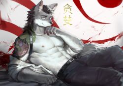 Rule 34 | 1boy, absurdres, ambiguous red liquid, animal ear fluff, animal ears, arm tattoo, bara, belt, black belt, black hair, black pants, body fur, claws, closed mouth, feet out of frame, furry, furry male, green eyes, grey fur, hand up, highres, irezumi, lying, male focus, medium hair, multicolored background, nipples, on back, original, pants, red background, shirt, shirt partially removed, smirk, solo, tattoo, toned, toned male, topless male, white background, white fur, white shirt, wolf boy, wolf ears, wolf girl, yuuko (yuuko891)