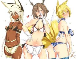 Rule 34 | 10s, 3girls, :d, animal ears, apron, ass, bikini, blonde hair, blue thighhighs, blush, breasts, cleavage, dark-skinned female, dark skin, dated, fellatio gesture, fox ears, fox tail, gloves, guilty gear, guilty gear xrd, headgear, heart, kantai collection, large breasts, long hair, looking at viewer, medium breasts, multiple girls, multiple tails, mutsu (kancolle), navel, nipples, open mouth, ramlethal valentine, rib:y(uhki), short hair, simple background, small breasts, smile, swimsuit, tail, thighhighs, tongue, tongue out, touhou, twitter username, white background, white gloves, white hair, yakumo ran