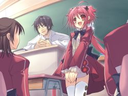Rule 34 | 1boy, 2girls, classroom, game cg, indoors, ito noizi, momose hikaru, multiple girls, murakami hisato, open mouth, peace@pieces, red eyes, red hair, school, standing, thighhighs