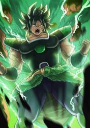 Rule 34 | 1boy, absurdres, black hair, broly (dragon ball super), bulge, dragon ball, dragon ball super, energy, facial scar, hands up, highres, huge filesize, looking down, male focus, medium hair, muscular, muscular male, open mouth, pectorals, scar, scar on cheek, scar on face, skin tight, solo, spiked hair, tachibana yuu (shika), teeth, thick thighs, thighs, veins, yellow eyes