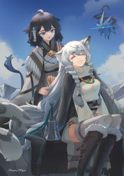 Rule 34 | 2girls, :3, :p, ahoge, animal ear fluff, animal ears, arknights, bell, belt, black cape, black footwear, black hair, blue eyes, blue hair, blue nails, blue sky, blush, boots, braid, breasts, bright pupils, brushing another&#039;s hair, brushing hair, cape, closed eyes, closed mouth, cloud, creature, day, dress, feather trim, floating, fur-trimmed boots, fur trim, grey dress, grey legwear, hair brush, hair ornament, high collar, highres, jewelry, kjera (arknights), knee boots, leopard ears, leopard girl, leopard tail, long hair, long sleeves, medium breasts, multicolored hair, multiple girls, nail polish, necklace, outdoors, pramanix (arknights), silver hair, sitting, sky, tail, thighhighs, tongue, tongue out, twin braids, two-tone hair, very long hair
