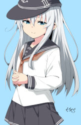 Rule 34 | 1girl, anchor symbol, artist name, black sailor collar, black skirt, blue background, blue eyes, cowboy shot, flat cap, hat, hibiki (kancolle), kantai collection, long hair, moti coi, neckerchief, own hands clasped, own hands together, pleated skirt, red neckerchief, sailor collar, school uniform, serafuku, silver hair, simple background, skirt, solo