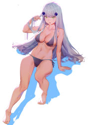 Rule 34 | 1girl, absurdres, bare legs, bare shoulders, barefoot, bikini, blue hair, breasts, cleavage, collarbone, girls&#039; frontline, green eyes, hand in own hair, hand on floor, highres, hk416 (girls&#039; frontline), legs, long hair, looking at viewer, medium breasts, navel, open mouth, purple bikini, ren huozhe, side-tie bikini bottom, solo, swimsuit, thighs, toes, white background