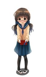 Rule 34 | 1girl, absurdres, blush, box, brown eyes, brown hair, chocolate, cleft of venus, female pubic hair, gift, gift box, glasses, highres, holding, holding gift, jimiko, kurona, loafers, looking at viewer, open mouth, original, pantyhose, pubic hair, razor, saliva, school uniform, shoes, skirt, solo, thumbnail surprise, underwear, valentine