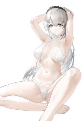 Rule 34 | 1girl, armpits, arms behind head, arms up, bare arms, bare legs, bare shoulders, barefoot, bikini, blue eyes, breasts, breasts apart, feet, foot out of frame, haori io, headdress, highres, knee up, large breasts, legs, long hair, looking at viewer, navel, original, parted lips, sideboob, simple background, sitting, skindentation, solo, stomach, swimsuit, thighs, toenails, toes, white background, white bikini, white hair