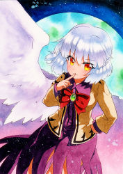 Rule 34 | 1girl, bad id, bad pixiv id, bow, bowtie, breasts, brooch, brown jacket, closed mouth, cowboy shot, dress, finger to mouth, green brooch, hand on own hip, jacket, jewelry, kishin sagume, long sleeves, looking at viewer, multicolored eyes, orange eyes, purple dress, qqqrinkappp, red bow, red bowtie, short hair, silver hair, single wing, small breasts, solo, touhou, traditional media, white wings, wings