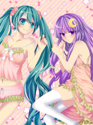 Rule 34 | 2girls, aqua eyes, aqua hair, babydoll, bad id, bad pixiv id, bare shoulders, camisole, crescent, crescent hair ornament, crossover, hair ornament, hatsune miku, highres, long hair, lying, mou-nanimo, multiple girls, navel, patchouli knowledge, purple eyes, purple hair, smile, strap slip, thighhighs, touhou, twintails, very long hair, vocaloid