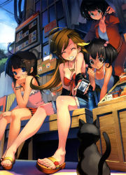 Rule 34 | 4girls, absurdres, ahoge, bare shoulders, black hair, blonde hair, blue eyes, bracelet, breasts, brown eyes, brown hair, candy, cat, cellphone, head rest, cleavage, cutoffs, denim, denim shorts, closed eyes, feet, glasses, green eyes, grin, highres, iphone, jacket, jewelry, lollipop, long hair, masa (masa-koba), medium breasts, multiple girls, o-ring, o-ring top, open mouth, original, phone, ramune, sandals, short hair, short twintails, shorts, sitting, skirt, small breasts, smartphone, smile, strapless, sweatdrop, tan, tank top, tanline, track jacket, track suit, tube top, twintails