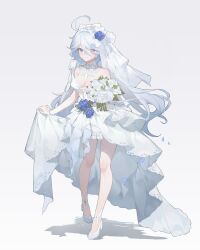 Rule 34 | 1girl, absurdres, ahoge, alternate breast size, alternate costume, blue eyes, blue flower, blue hair, bouquet, bracelet, breasts, bridal veil, cleavage, commentary, dress, drop-shaped pupils, elbow gloves, flower, full body, furina (genshin impact), genshin impact, gloves, highres, holding, holding bouquet, jewelry, lin zhi mao, long hair, looking at viewer, medium breasts, mismatched pupils, multicolored hair, shadow, skirt hold, smile, solo, standing, strapless, strapless dress, symbol-shaped pupils, veil, wedding dress, white dress, white flower, white footwear, white gloves, white hair