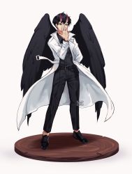 Rule 34 | 1boy, artist name, belt, black belt, black footwear, black hair, black pants, black shirt, black wings, coat, commentary, covered mouth, english commentary, feathered wings, figure, full body, hand in pocket, highres, horns, khustard, kim dokja, long sleeves, looking at viewer, male focus, note, omniscient reader&#039;s viewpoint, open clothes, open coat, pants, red horns, shirt, shoes, short hair, simple background, solo, standing, white background, white coat, wings