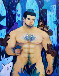Rule 34 | 1boy, abs, abstract, acrylic paint (medium), affectionate, animal, animal on head, animal on shoulder, arm hair, bara, beard, bird, bird on head, bird on shoulder, black hair, blue bird, blue butterfly, bug, butterfly, chest hair, chestnut, chick, climbing, completely nude, convenient censoring, facial hair, feet out of frame, flying, forest, glint, hairy, highres, insect, large pectorals, leg hair, light smile, looking down, male focus, male pubic hair, mature male, muscular, muscular male, nature, navel, navel hair, nipples, nude, on head, original, painting (medium), pectorals, pubic hair, purple bird, rain, sad, short hair, solo, squirrel, standing, stomach, thick eyebrows, thick lips, thick thighs, thighs, torajiro art, traditional media, tree, worried