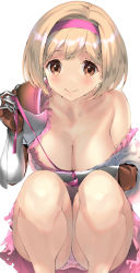 Rule 34 | 1girl, bad id, bad twitter id, blonde hair, blush, breasts, brown eyes, cleavage, collarbone, commentary, djeeta (granblue fantasy), granblue fantasy, hair between eyes, hairband, large breasts, looking at viewer, naruse hirofumi, portrait, short hair, simple background, smile, solo, thighs, white background