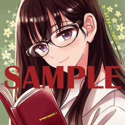 Rule 34 | 1girl, black-framed eyewear, black hair, blush, book, character name, closed mouth, collared shirt, commentary request, copyright name, floral background, glasses, green background, himawari-san, himawari-san (character), holding, holding book, lips, long hair, pink lips, purple eyes, reading, sample watermark, shirt, signature, smile, solo, sugano manami, upper body, watermark, white shirt