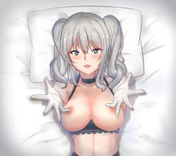 Rule 34 | 1girl, black choker, blue eyes, blush, breasts, choker, gloves, grey hair, kantai collection, kashima (kancolle), lace trim, large breasts, looking at viewer, nipples, outstretched arm, smile, solo, two side up, underwear, upper body, white gloves, yusha m