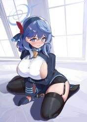 Rule 34 | 1girl, 3:, absurdres, ako (blue archive), arm support, ass, bed, bed sheet, bell, black gloves, blue archive, blue eyes, blue hair, blush, breast hold, breasts, commentary request, dishui tangni, ear piercing, garter straps, gloves, hair between eyes, hairband, highres, indoors, large breasts, long hair, long sleeves, looking at viewer, neck bell, piercing, sideboob, sidelocks, sitting, solo, wariza, window